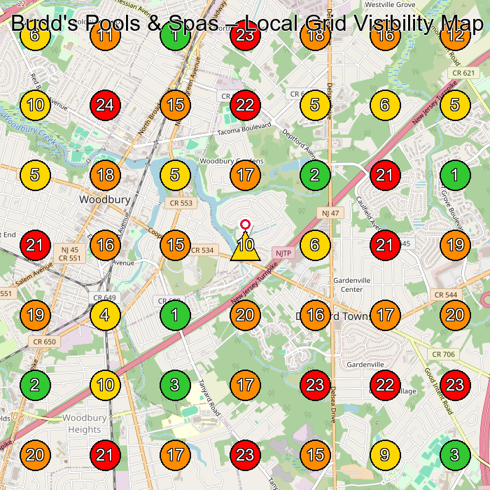 Budd's Pools & Spas Swimming Pool Contractor GeoGrid ranking map for Woodbury NJ